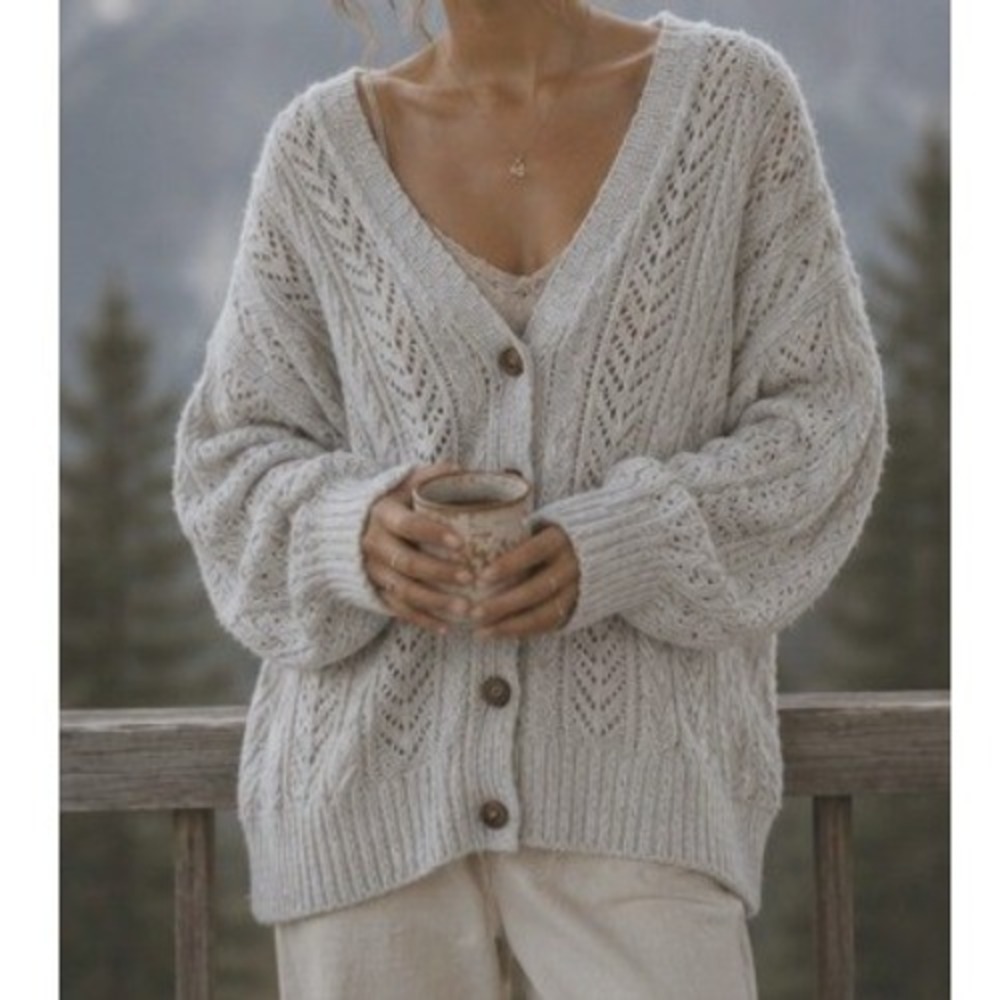 Anthropologie Cable Knit Oversized Cardigan Sweater XL Cream Slouchy Cabincore